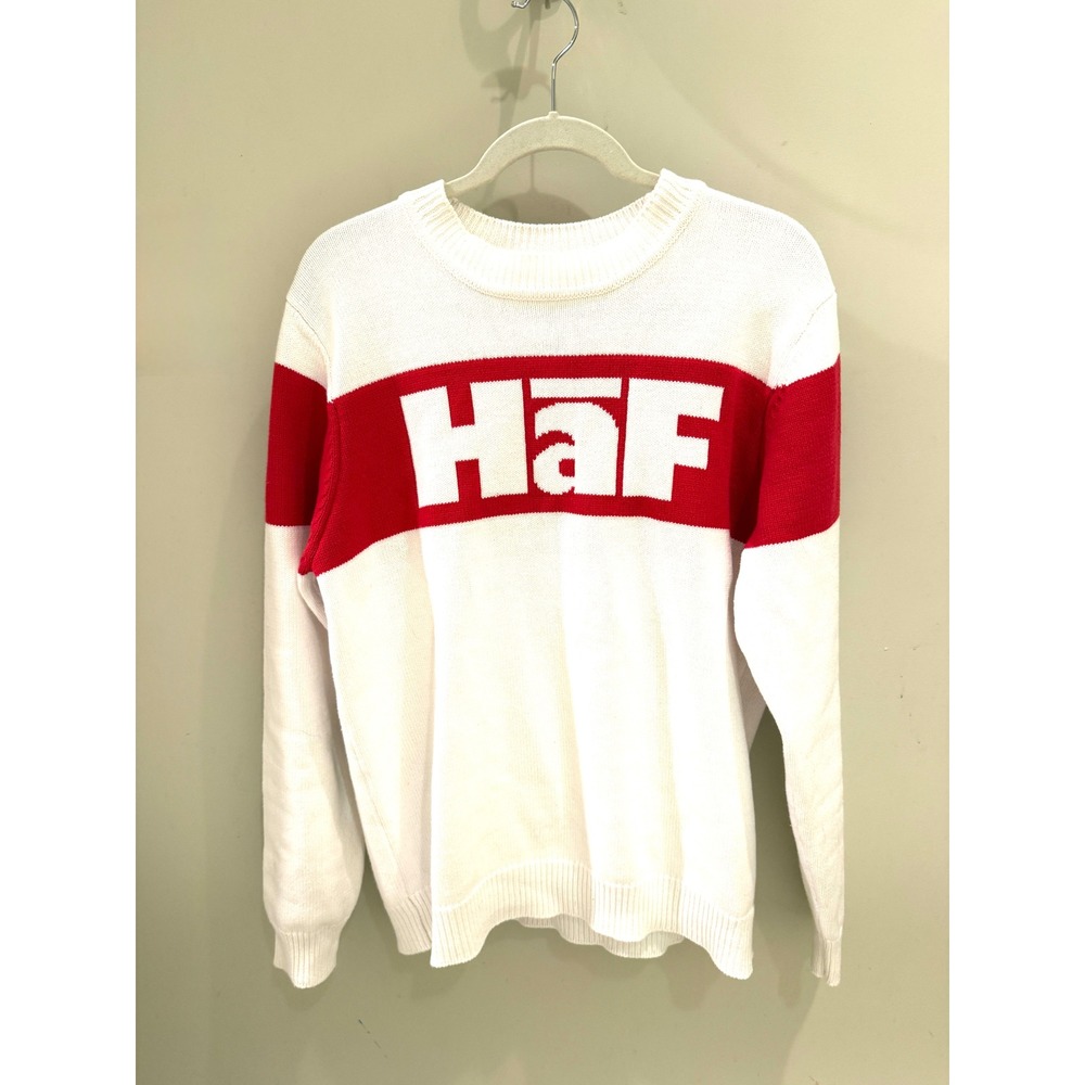 HAF Crewneck‎ Sweater Red Stripe White Long Sleeve Knit Pullover Top Men's L